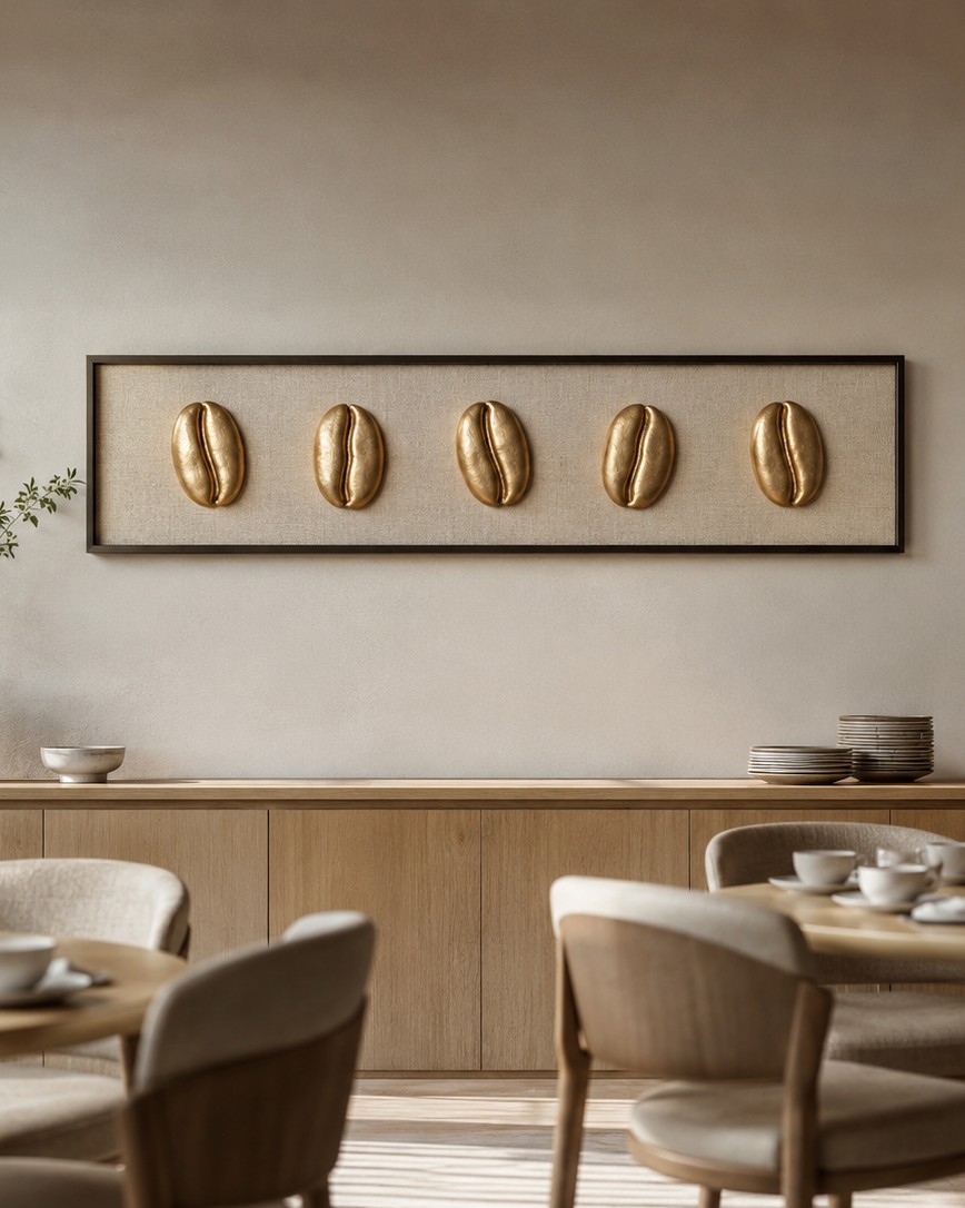 Sculptural wall object in Champagne Gold in a hotel breakfast room