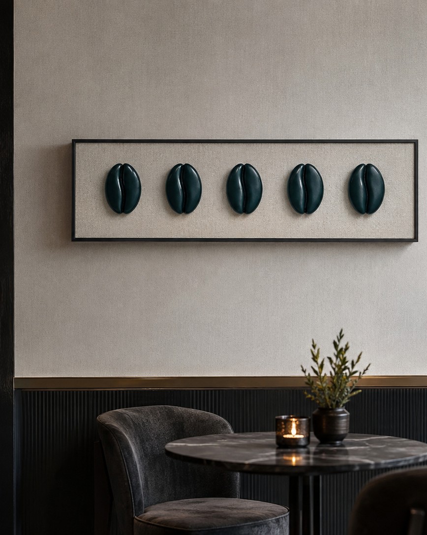 Sculptural wall object in Petrol in a hotel coffee lounge