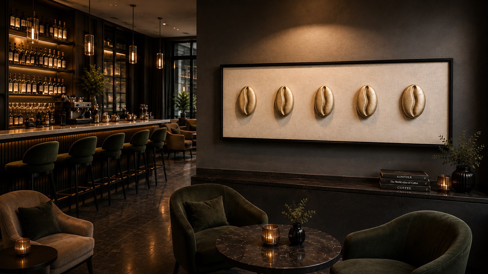 Sculptural coffee wall object in a hotel bar lounge
